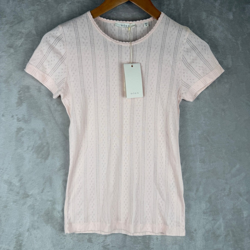DOEN Petunia Pink Pointelle Short Sleeve Tee Scalloped Crew Neck Top Size M NWT